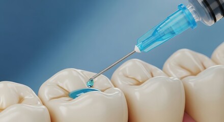 Close-up view of a dental professional applying composite resin filling to a tooth cavity with a syringe for dental restoration and care