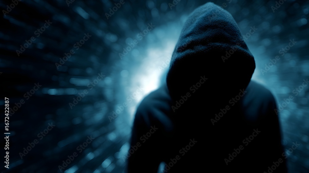 Poster silhouetted hacker navigating a digital tunnel with hologram code streams