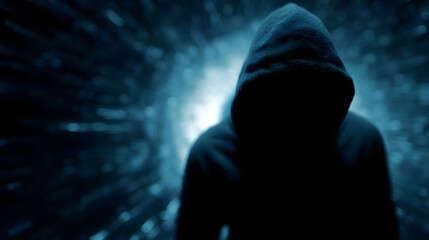 Silhouetted hacker navigating a digital tunnel with hologram code streams