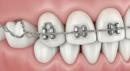 Close-up dental view of teeth undergoing orthodontic treatment with metal braces and wire for alignment and smile correction a cosmetic dentistry procedure