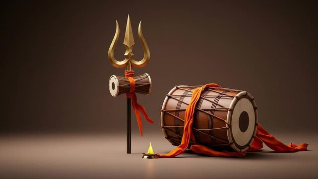 Lord Shiva's divine trident and damru drum, symbolizing destruction and creation, illuminated by a single flame on a warm, neutral background