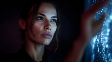 Woman examining a satellite hologram in a high tech control center