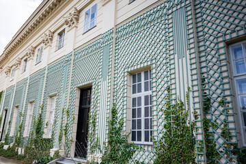 Historic building facade with intricate trellis in Lancut, Poland