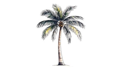 A Realistic Watercolor Illustration of a Tall Palm Tree with a Textured Trunk and Lush Green Fronds.