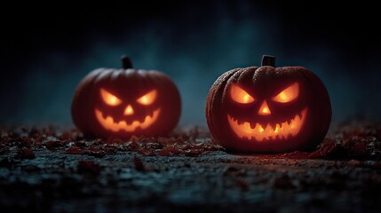 Fototapeta premium Jack O' Lantern eyes glowing in the dark with Halloween decorations