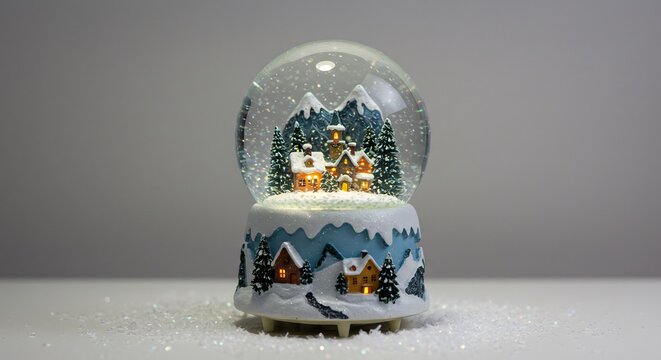 Zauberhafte Schneekugel leuchtet sanft Winterlandschaft zeigt idyllische Hauser. AI Generated