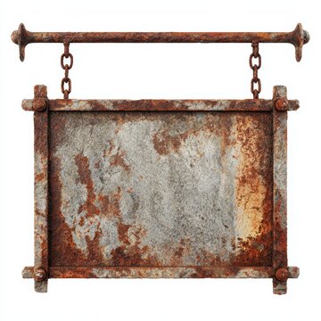 An old, rusty sign with a vintage look, hanging with chains