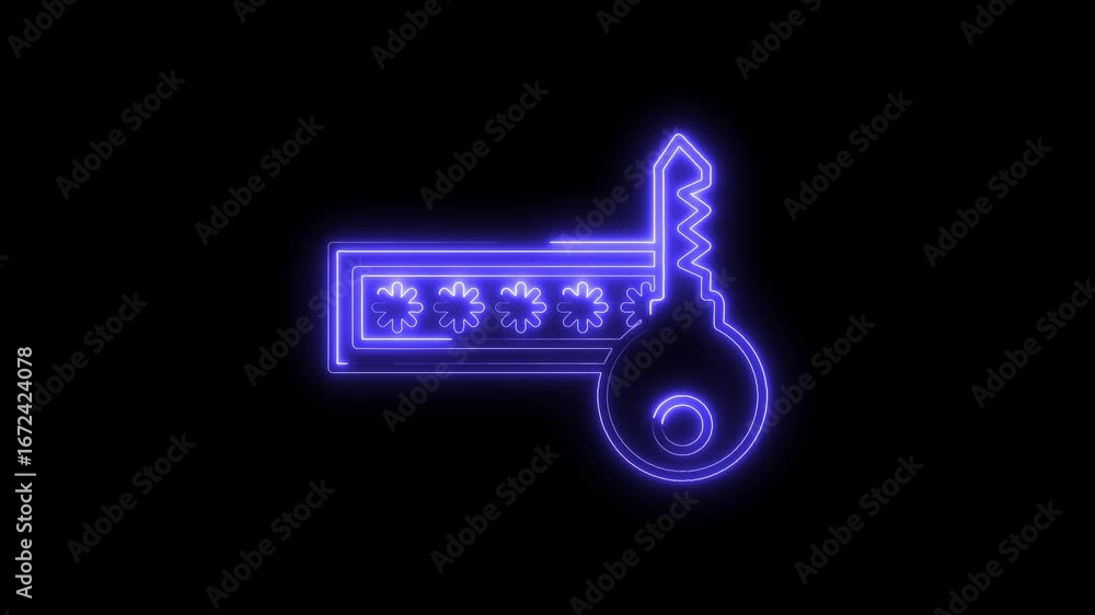 Poster glowing neon key icon with password stars isolated on black background digital security concept