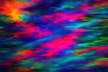 An abstract background with horizontal streaks of vibrant, saturated colors including pink, blue, green, and orange, creating a glitch or digital art effect