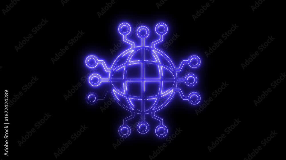 Poster glowing neon globe network connection icon isolated on black background digital technology concept
