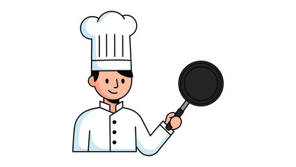 The Culinary Professional: A cheerful cartoon illustration of a chef in a pristine white uniform, proudly holding a non-stick frying pan.
