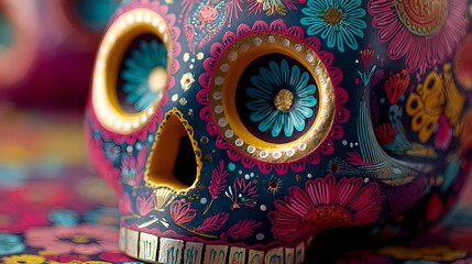 Fototapeta premium Close up of a human eye with detailed and colorful Day of the Dead face paint. Traditional Catrina style makeup with vibrant patterns, symbolizing Mexican Day of the dead celebration.