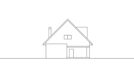 A minimalist line drawing of a house with a prominent pitched roof and a chimney, set against a stark white background.