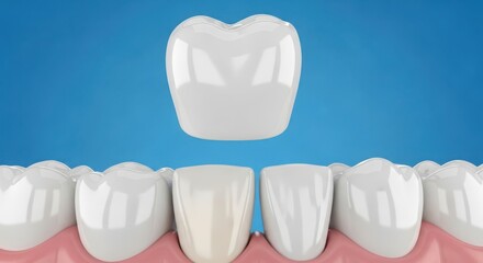 Detailed 3d render of a dental crown being placed over a tooth showing realistic oral anatomy and gum tissue
