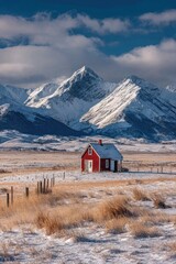 Red house nestled in snowy mountains