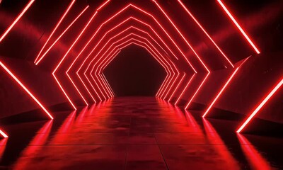 Red neon light tunnel corridor abstract background - Powered by Adobe