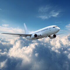 Obraz premium A passenger airplane soars gracefully through a stunning cloudscape, symbolizing travel and adventure