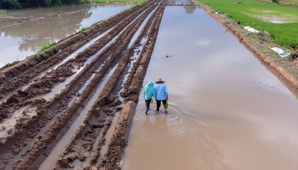 Wide drone shot of farmers walking in lush green crop rows, top view symmetry,