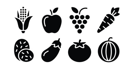 Fruits and vegetables icon set featuring corn, apple, grapes, carrot, potato, eggplant, tomato, and watermelon in black silhouette style
