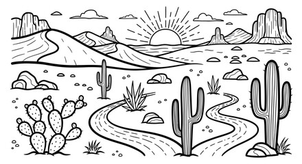 Monochrome desert landscape with winding road, cacti, mountains, and sunrise in outdoor setting