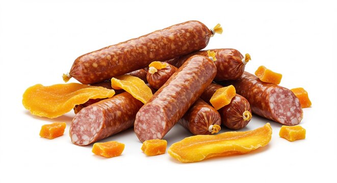 Appetitliche Wurst goldgelbe getrocknete Aprikosen leuchtend Studioaufnahme. AI Generated