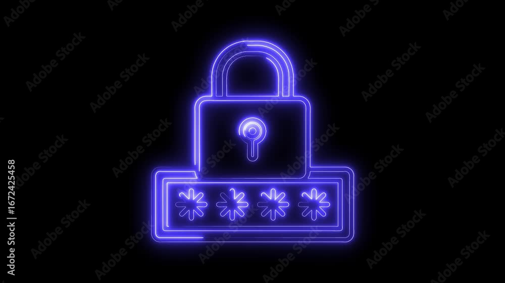 Poster glowing neon lock password input icon security concept isolated black background digital cyber