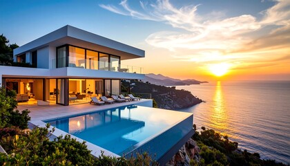 Modern cliffside villa with infinity pool, sunset ocean view (1)