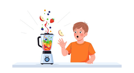 Fototapeta premium Astonished Boy Witnessing Smoothie Ingredients Ejecting From Blender In Fruity Explosion