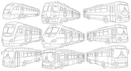 Public Transportation Vehicles Collection Including Trains, Subway and Buses, Coloring Page, Isolated White Background