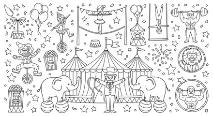 Happy Circus Show Elements with Animals and Performers, Coloring Page for Kids, Isolated White Background