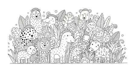 Cute Cartoon Wild Jungle Animals Illustration, Coloring Page for Kids, Isolated White Background