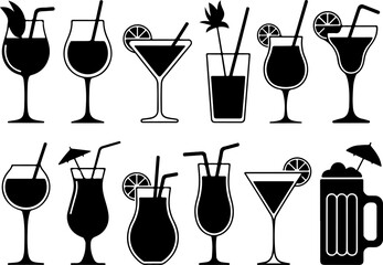 Cocktail and Drink Silhouettes &ndash; Black and White Vector Set