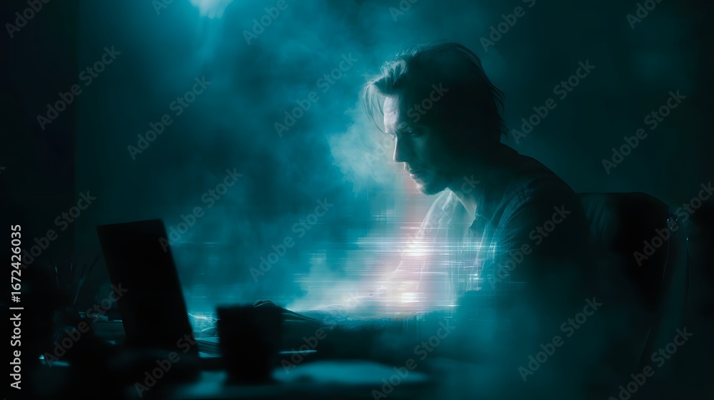 Poster hacker immersed in holographic data projection