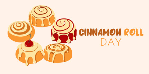 Autumn banner for National Cinnamon roll day with buns in flat style. Hand drawn vector illustration perfect for autumn banners and social media