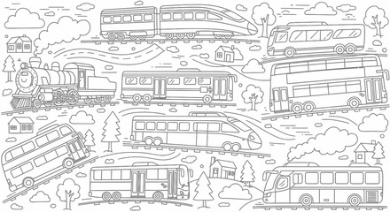 Diverse Collection of Public and Private Transportation Vehicles, Isolated White Background, Urban Travel Outline Coloring Page