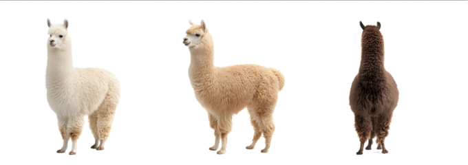 Three different lamas standing front view side view and back view against a white background photograph