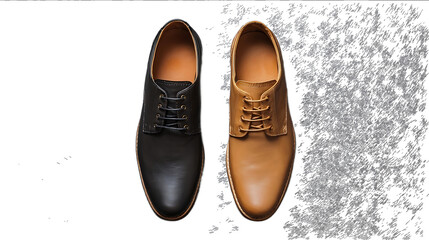 Top view of leather shoes on a gray background flat lay Two mens classic formal dress shoes in black and tan colors with laces topdown perspective Fashion acc