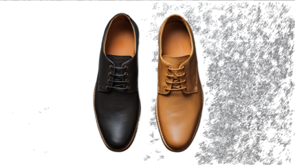 Top view of leather shoes on a gray background flat lay Two mens classic formal dress shoes in black and tan colors with laces topdown perspective Fashion acc