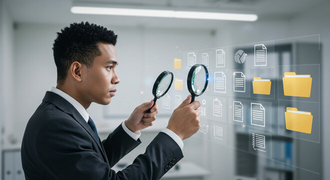 Focused professional intently audits digital documents using magnifying glasses for compliance and verification in a modern office setting