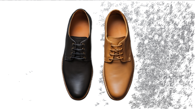 Top view of leather shoes on a gray background flat lay Two mens classic formal dress shoes in black and tan colors with laces topdown perspective Fashion acc