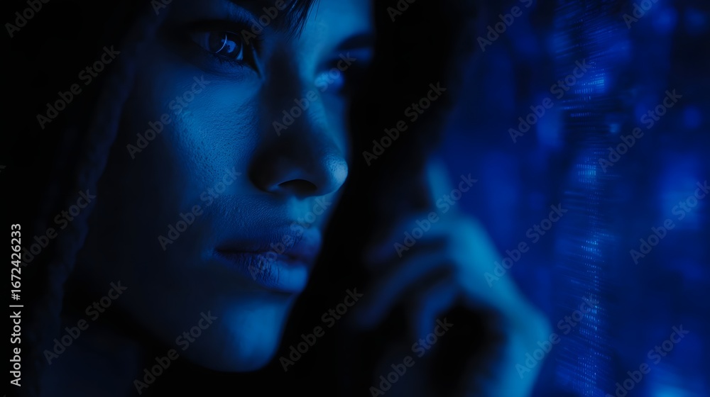 Aufkleber woman hacker analyzing 3d hologram code grid in a tech moment