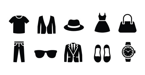 Fashion icon set featuring T-shirt, blazer, fedora, dress, handbag, pants, sunglasses, suit jacket, flat shoes, and wristwatchPri 