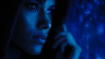 Woman hacker analyzing 3D hologram code grid in a tech moment