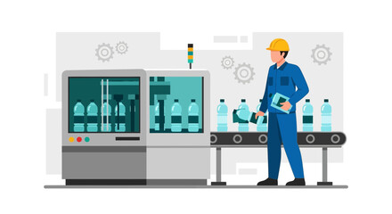 Automated Bottling Process Illustration: A Factory Worker Inspecting Water Bottles