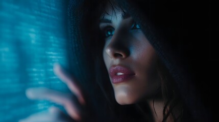 Woman hacker analyzing 3D hologram code grid in a tech setting