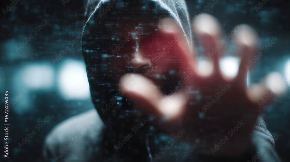 Poster hacker scanning identity hologram in hidden lab futuristic privacy breach
