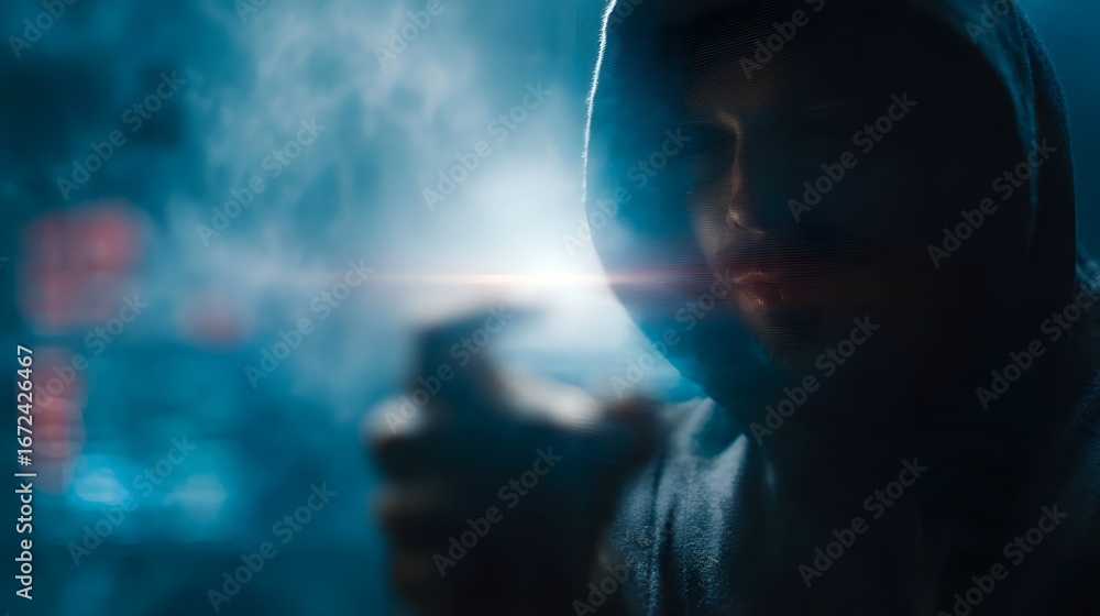 Poster hacker scanning identity hologram in hidden futuristic lab