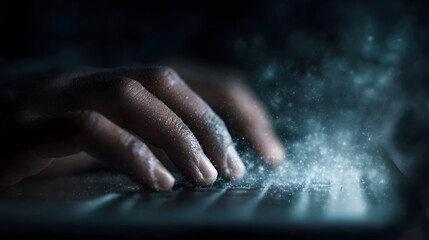 Fingers typing on digital firewall defense system