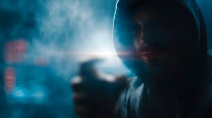 Hacker scanning identity hologram in hidden futuristic lab