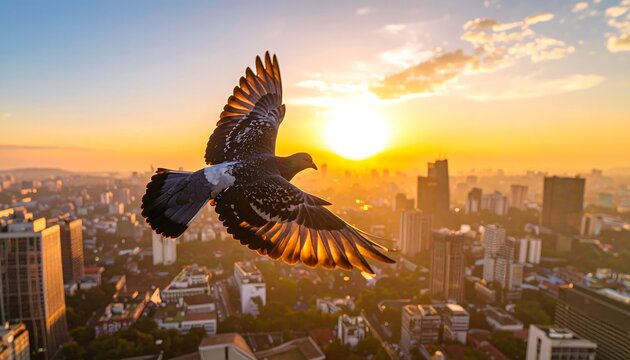 Pigeon in Flight at Sunrise Over City Skyline Golden hour